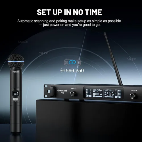 Vista 2 de Phenyx Pro UHF Sistema de Micrófono Inalámbrico Inteligente, Micrófonos Inalámbricos Duales con Escaneo y Sincronización Automática, Potencia de RF