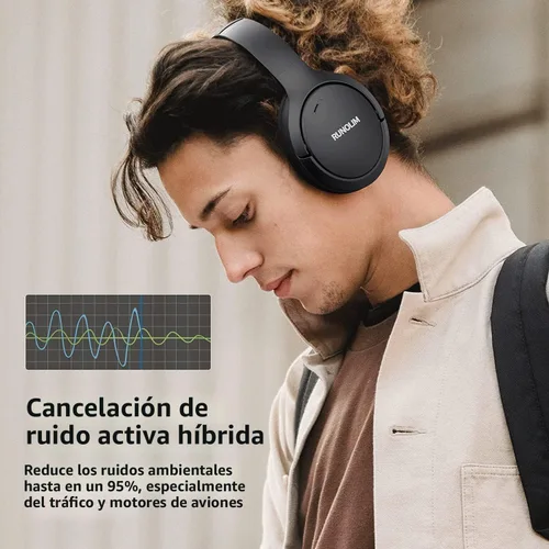 Vista 2 de RUNOLIM - Audífonos híbridos con cancelación activa de ruido, inalámbricos con Bluetooth, con micrófono, 70 horas de reproducción, plegables
