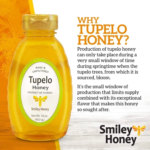 Vista 2 de Smiley Honey 100% miel de tupelo, orgánica, sin filtrar, pura y cruda, fuente de energía natural, certificado Kosher, edulcorante para té