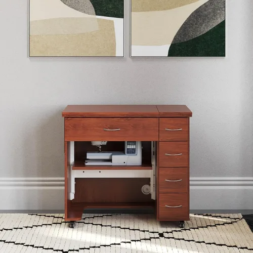 Vista 7 de Arrow - Muebles de costura clásicos Alice - Armario de costura compacto de tamaño mediano con elevador hidráulico de máquina, cajones, hojas