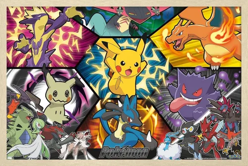 Vista 7 de Trends International Pokémon: Battle Art - Póster de pared de grupo, 22.4 pulgadas de largo x 14.7 pulgadas, versión enmarcada en madera de granero