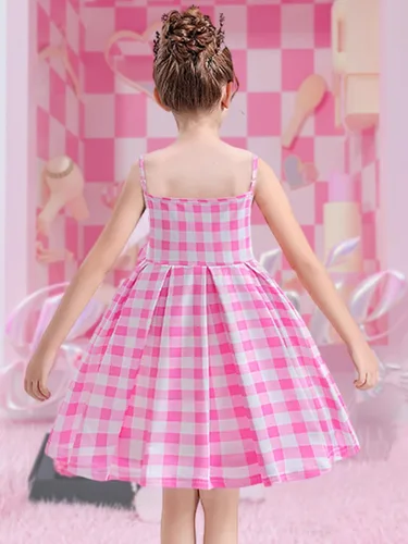 Vista 4 de Eledobby Pink Dress for Girls Princess Costume Pink Outfits Halloween Dress Up Birthday Party Sleeveless Plaid Dresses