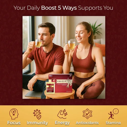 Vista 3 de SAMSIDAE Panax Ginseng rojo coreano con té de jengibre, caja de 50 bolsas, apoya la circulación, la energía, la inmunidad y la digestión, sabor suave
