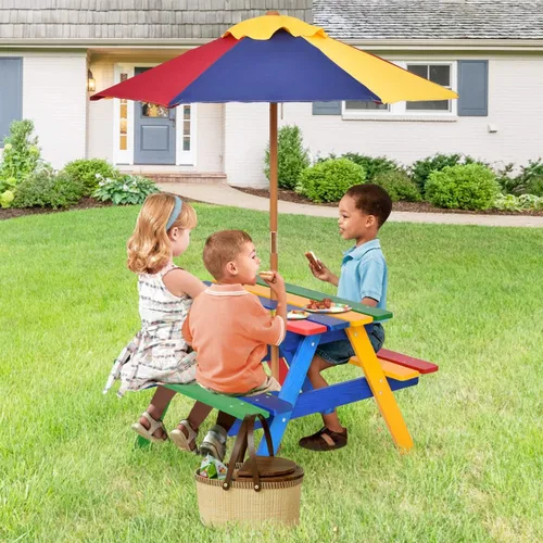 Vista 4 de Costzon Mesa de picnic para niños, mesa y sillas de madera de abeto para exteriores con paraguas extraíble, mesa de picnic para niños pequeños
