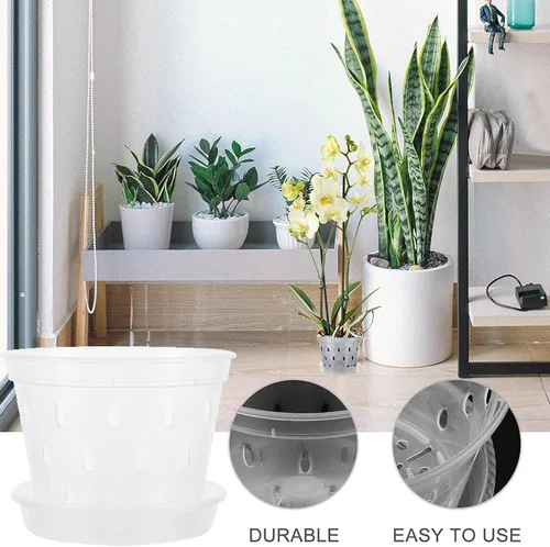 Vista 4 de 2 Sets Plastic Orchid Plant Nursery Pots with Saucers and Drain Holes Design for Root Viewing, Ventilated Base Tray, Home or Garden Use, Supports