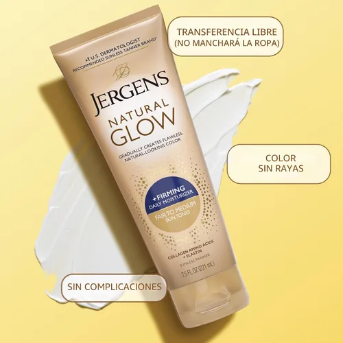 Vista 7 de Jergens Natural Glow +Loción corporal autobronceadora reafirmante, tono de piel justo a medio, hidratante bronceador sin sol con colágeno