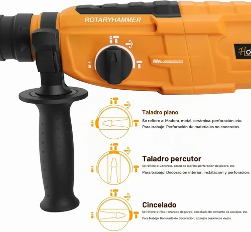 Vista 4 de Hoteche Taladro Martillo Rotativo 3 en 1 de 1 Pulgada SDS Plus Martillo Eléctrico 6.7-Amp/800W Velocidad Variable con Cable Taladro Martillo