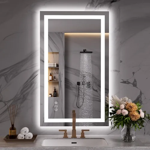 Vista 2 de WEER - Espejo de baño con luces LED, 50x70cm, espejo de tocador montado en la pared, 3 colores regulables, almohadilla antiempañante retroiluminada
