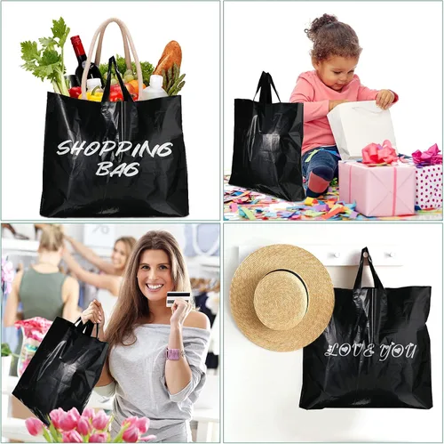 Vista 2 de Zonon 80 bolsas de compras de plástico negro de 18 x 14 pulgadas con asas, bolsas de compras de 3.3 mil de grosor para boutique, paquete resistente