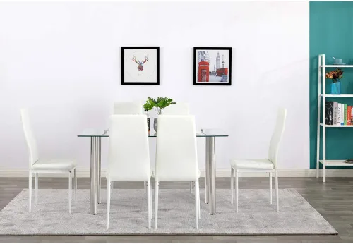 Vista 9 de Mesa de comedor de cristal para 6 personas con parte superior de vidrio templado transparente de 52 pulgadas, mesa de cocina de vidrio rectangular