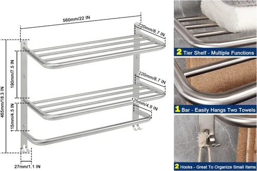 Vista 2 de NearMoon Toallero de baño, toallero de 3 niveles con ganchos, colgador de toallas de acero inoxidable SUS304, almacenamiento de toallas montado