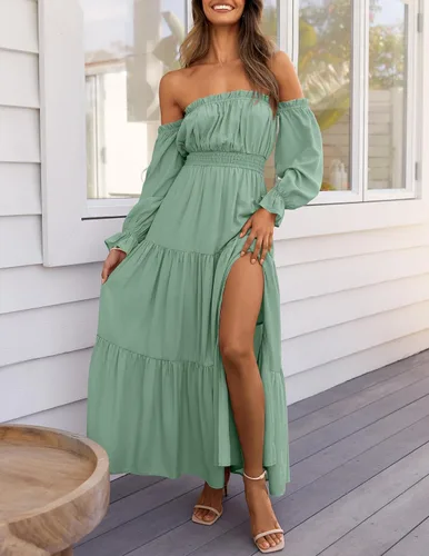 Vista 89 de ZESICA - Vestido largo, bohemio y sexy, con hombros descubiertos y manga larga fruncida, con elástico fruncido, cintura alta y abertura lateral
