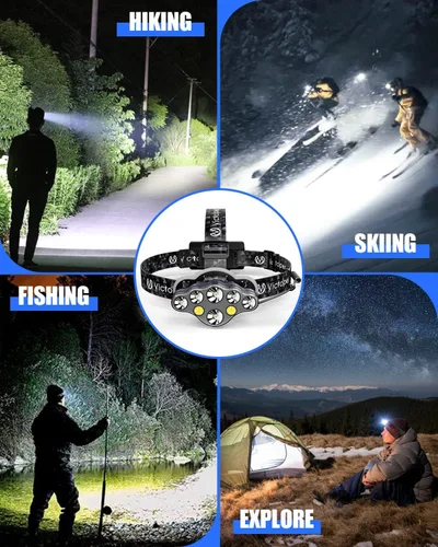 Vista 6 de Victoper - Linterna frontal recargable, 8 LED de 18000 lúmenes con luz roja, linterna frontal USB ligera, impermeable, de 8 modos, equipo para Negro