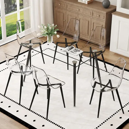 Vista 14 de Juego de mesa de comedor de vidrio Ebullient para 4, mesa de 51" de vidrio templado transparente con patas de metal negro y 4 sillas de acrílico