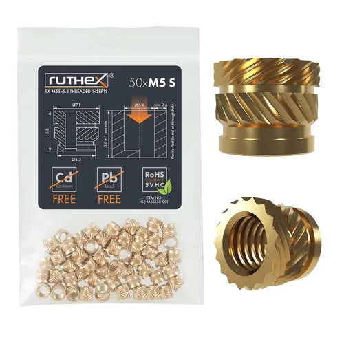 Vista 24 de Ruthex 1/4" Insertos Roscados Cortos - 20 Piezas RX-1/4“-20x6.4 Inserto de Ajuste Térmico de Latón para Partes de Plástico - Pulgadas Tuercas