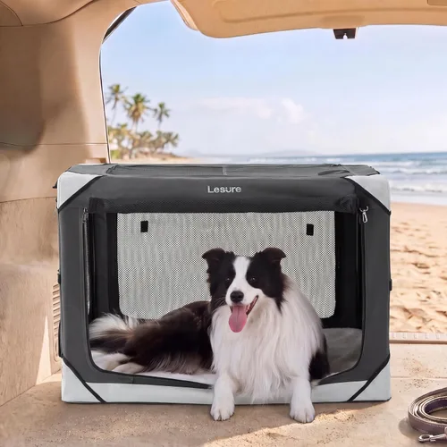 Vista 18 de Lesure Jaula Plegable para Perros - Perrera de Viaje Portátil para Perros Medianos, Jaula para Mascotas de 4 Puertas con Ventanas de Malla
