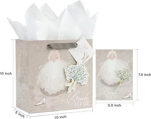 Vista 6 de MAYPLUSS Bolsa de regalo de boda mediana de 10 pulgadas con tarjeta de felicitación y papel de seda para aniversario, despedida de soltera, novia