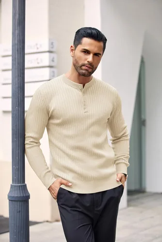 Vista 38 de COOFANDY Suéter de punto Henley para hombre, manga larga, con botones, ligero, para otoño, ajustado, acanalado