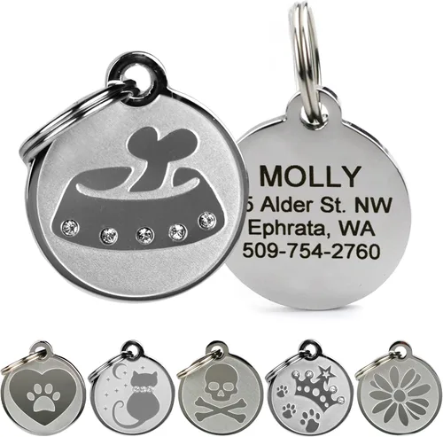 Vista 4 de Placas personalizables para mascotas, de acero inoxidable, para perros y gatos. Grabado personalizable con cuatro líneas de texto, elegante