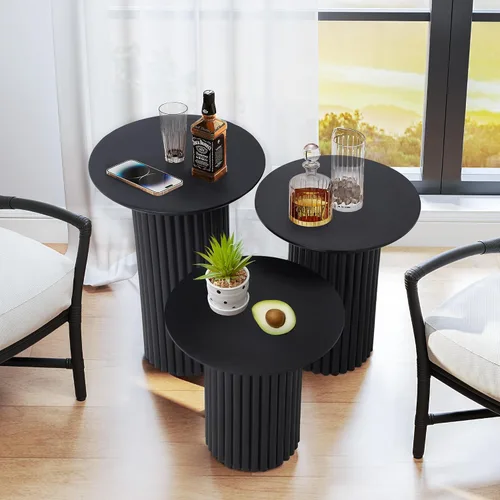Vista 7 de Bifins Juego de 3 mesas redondas anidadas, mesa de café y mesa auxiliar de estilo Mid Century Modern con estrías, mesa lateral pequeña de madera