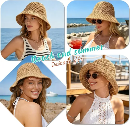 Vista 3 de Sombrero de playa para mujer, sombrero de paja para verano, protección UV, plegable, transpirable, estilo de ganchillo caqui (1pack-khaki)