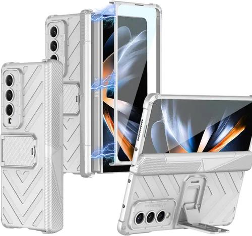 Vista 8 de Miimall Funda compatible con Galaxy Z Fold 4, Fold 4 con protección de bisagra, protector de pantalla de vidrio templado, soporte ajustable, fundas