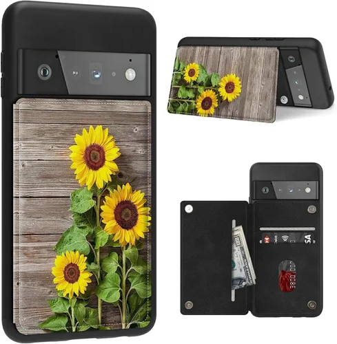 Vista 19 de Funda para Google Pixel 6 Pro con ranura para tarjetero, funda de piel sintética, doble cierre magnético y cubierta duradera de poliuretano girasol