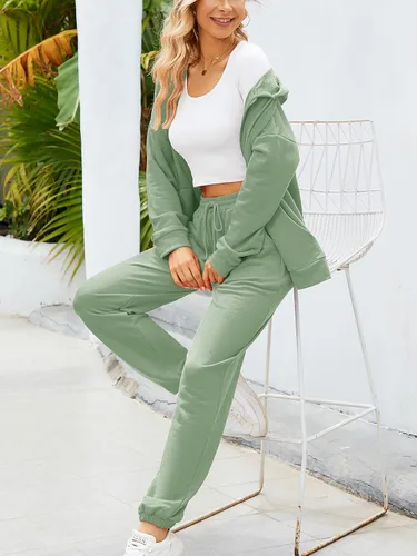 Vista 6 de Conjunto deportivo de 2 piezas para mujer, casual, con cremallera, sudadera con capucha y pantalón largo