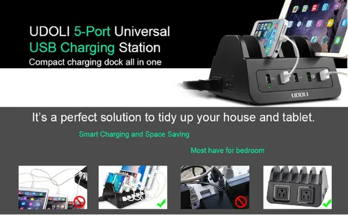 Vista 3 de Estación de carga con 5 puertos USB, organizador para múltiples dispositivos, soporte de escritorio de carga rápida para teléfono Apple Android