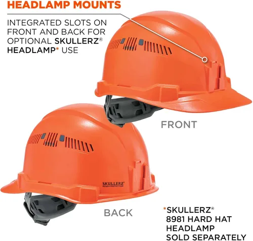 Vista 2 de Casco duro ventilado estilo gorra, con suspensión de trinquete, Clase C, Ergodyne Skullerz 8972, naranja