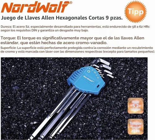 Vista 3 de NordWolf Juego de 9 llaves Allen métricas Stubby, llaves de brazo largo de acero S2 con extremo de bola hexagonal L, tamaños de 1,5 mm a 10 mm