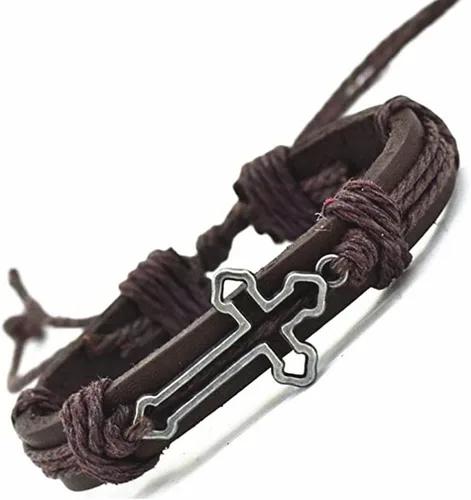 Vista 9 de brazalete negro con forma de cruz de cuero genuino para hombre