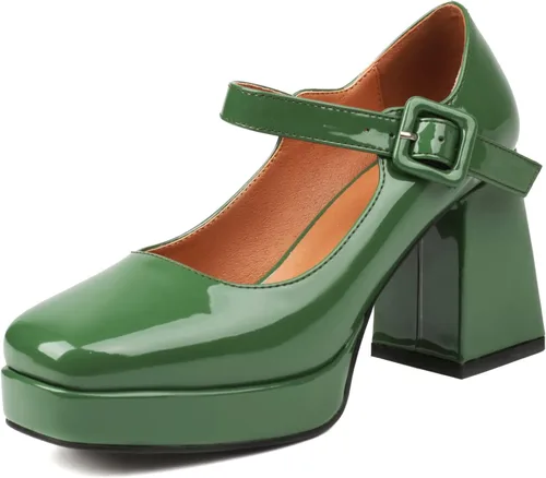 Vista 10 de Zapatos de tacón grueso con plataforma para mujer, punta cuadrada, Mary Janes pumps de tacón de bloque Negro