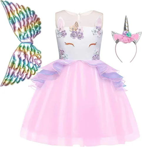 Vista 2 de QPANCY Vestidos de unicornio para niñas, trajes de concurso de princesa, diadema y ala a juego