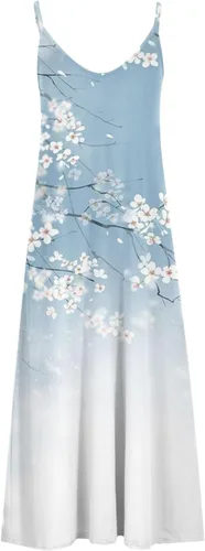 Vista 4 de Vestidos florales para mujer 2023 2024, sin mangas, dobladillo fluido, vestido largo fruncido con cuello en V, vestidos de sol, vestido suelto