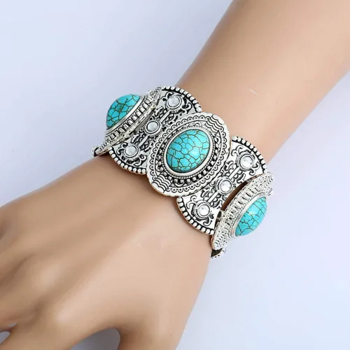 Vista 4 de Juego de 3 piezas de turquesa un collar turquesa un par de aretes de borla con dije de turquesa una pulsera elástica de color turquesa para mujer