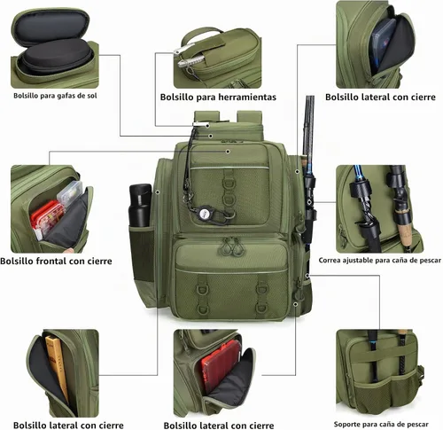 Vista 2 de WANOON Mochila de pesca, bolsa de aparejos, con cajas de aparejos. Bolsa de pesca grande, materiales fuertes
