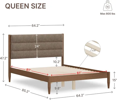 Vista 2 de KISLOT Marco de cama de madera con cabecera tapizada, marrón, tamaño Queen
