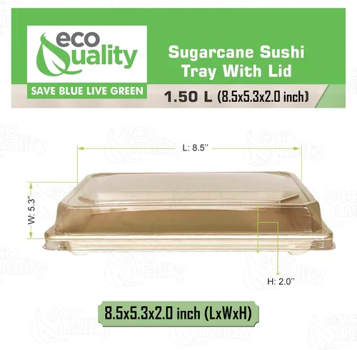 Vista 3 de EcoQuality Bandejas de sushi compostables extragrandes con tapas, contenedor de sushi natural de caña de azúcar, biodegradable, plato de sushi