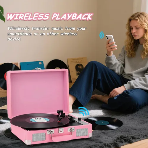 Vista 3 de Tocadiscos, reproductor de discos de vinilo con altavoces estéreo, reproductor de discos Bluetooth de 3 velocidades, tocadiscos todo en uno