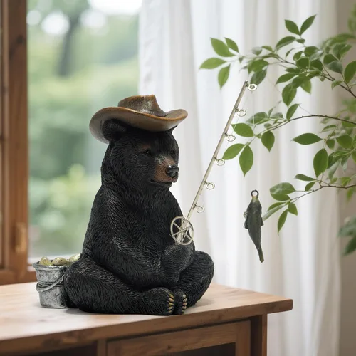 Vista 4 de Hodao Figuras de pesca de oso negro, decoración de oso de verano, manualidades para decoración de escritorio de oficina en casa, estatua