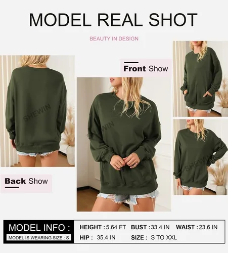Vista 5 de SHEWIN Sudaderas para mujer, cuello redondo, color sólido, a la moda, cálidas, de gran tamaño, ligeras, sin botones