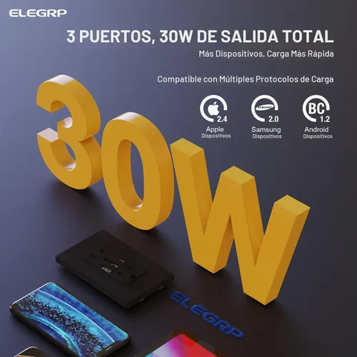 Vista 3 de ELEGRP Tomacorrientes USB, toma de pared de 3 puertos, toma eléctrica de 30 W 6.0 A resistente a manipulaciones, toma de corriente de 15 amperios