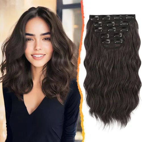 Vista 11 de BARSDAR Extensiones de cabello ondulado con clip negro marrón - 14 pulgadas, extensiones de cabello corto ondulado con clip para mujer - 5 piezas