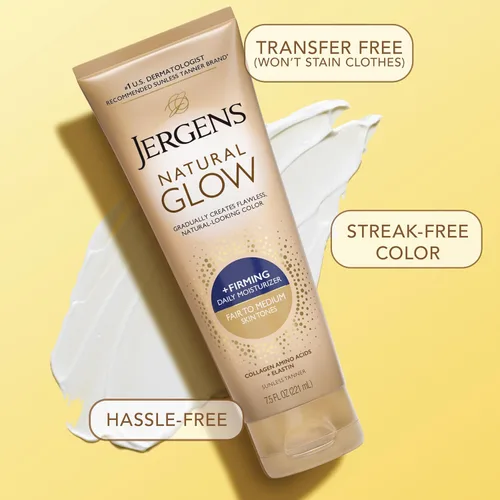 Vista 7 de Jergens Natural Glow +Loción corporal autobronceadora reafirmante, tono de piel claro a medio, hidratante bronceador sin sol con colágeno
