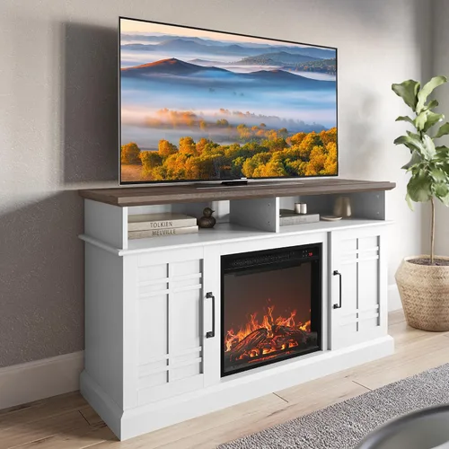 Vista 11 de BELLEZE Mueble TV, 48 pulgadas, con chimenea eléctrica funcional de 18 pulgadas, moderno, para TV de máx. 50 pulgadas, estantes abiertos y armarios