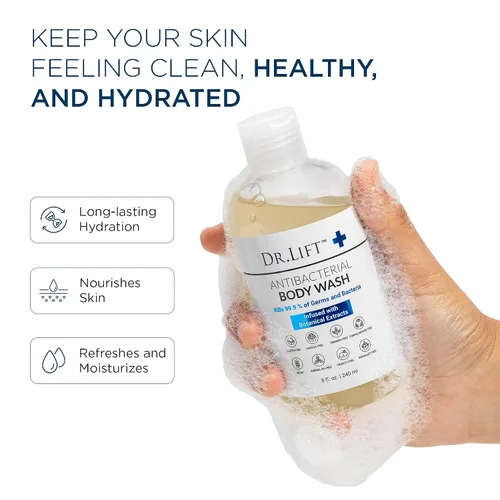 Vista 2 de DR. LIFT Gel de ducha antibacteriano, 8 onzas, suave y eficaz, fabricado en Estados Unidos Aroma refrescante, ácido cítrico, fórmula hidratante
