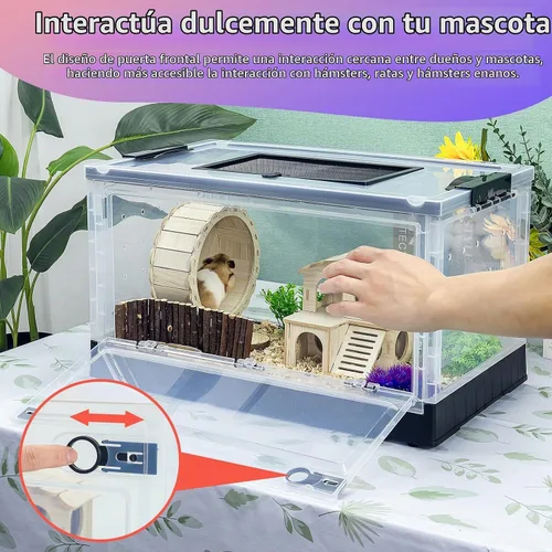 Vista 4 de Jaula para hámsters, grande, plegable, portátil, con visión de 360°, con ventilación, con villas, ruedas de ejercicio, para hámsters, ratas, Negro
