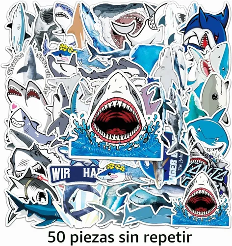 Vista 3 de 50 calcomanías de tiburón para niños, tiburón oceánico, impermeables, calcomanías de vinilo y calcomanías para bicicleta, botella de agua, laptop