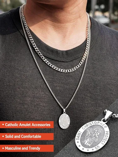 Vista 2 de FaithHeart Collar con colgante de San Cristóbal para hombres y mujeres, de acero inoxidable, amuleto católico, joyería personalizada con embalaje
